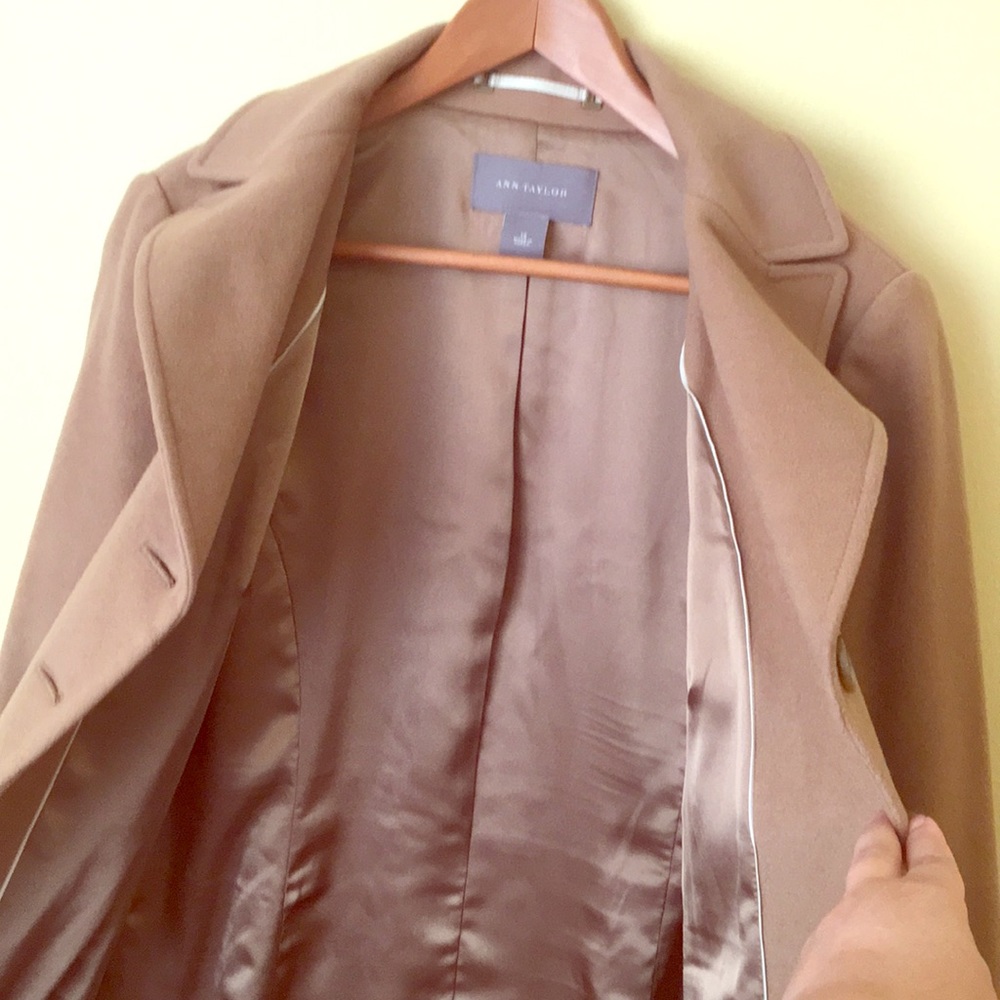 Knee length, camel-colored coat with sateen lining